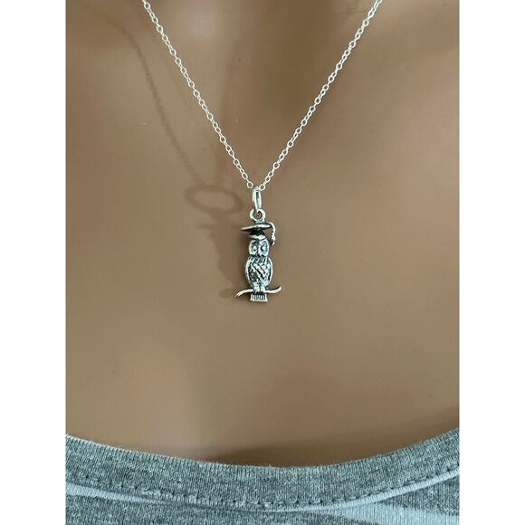 Sterling Silver 3D Wise Owl with Graduation Hat Necklace - Picture 2 of 5